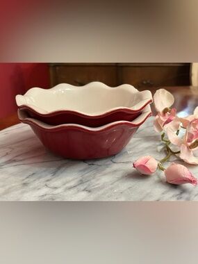 Emile Henry Mini Pie Dish, Set of 2, Rouge Red Ruffled Ceramic 8oz. Dishes